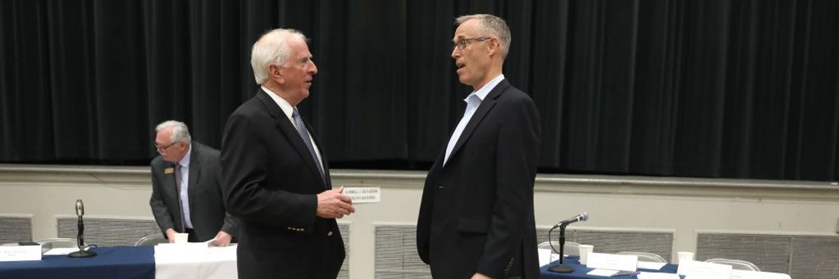 Congressman Mike Thompson (left) talks with congressman Jared Huffman (right) before a community meeting for north bay fire victims at Veterans Memorial Auditorium on Wednesday, Feb. 20, 2019, in Santa Rosa, Calif. Rep. Mike Thompson leads much of the Ho
