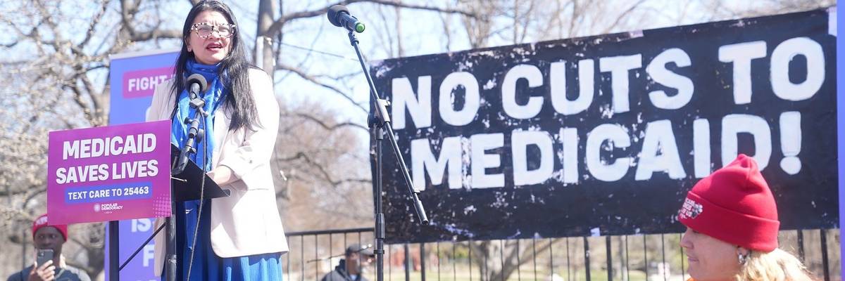 Congresswoman Rashida Tlaib (D-Mich) spoke at a "Save Our Healthcare" rally