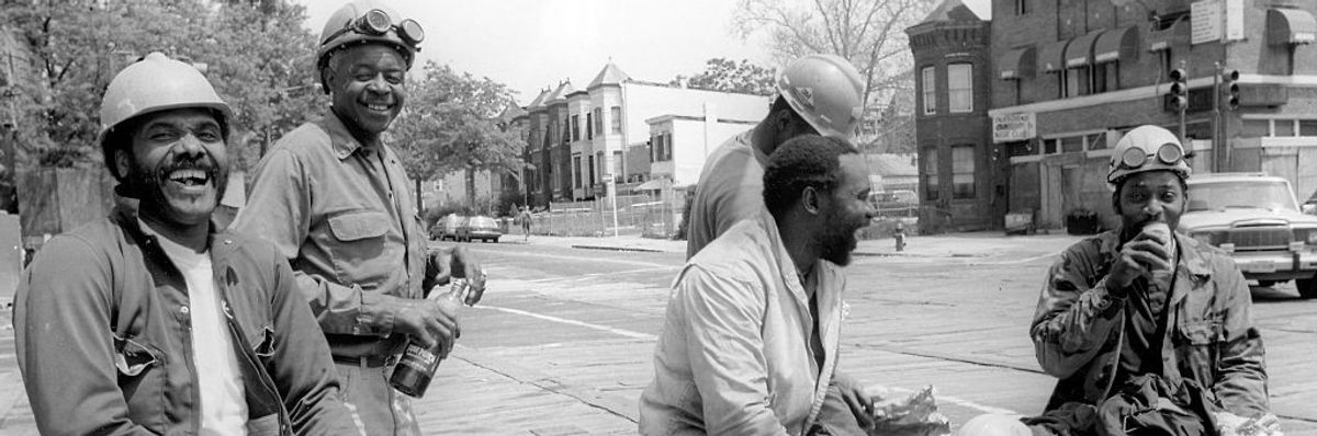 Construction workers on lunch break