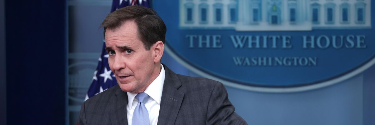 Coordinator for Strategic Communications at the National Security Council John Kirby speaks during a daily news briefing