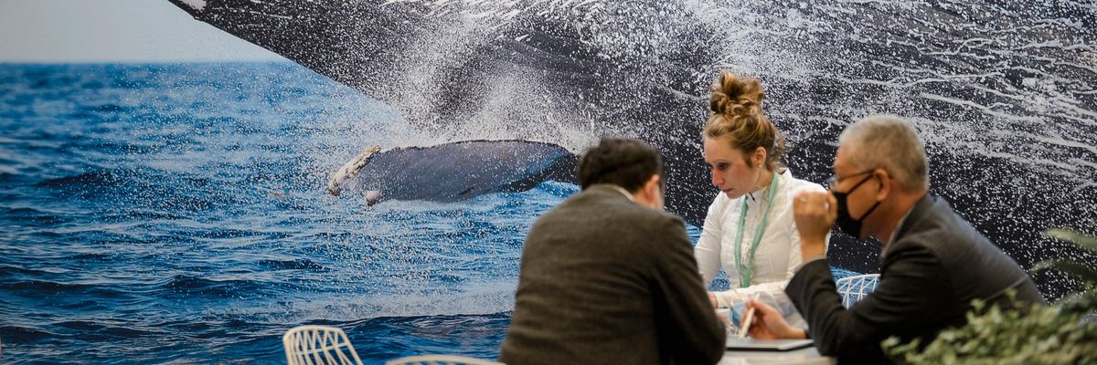 COP15 participants speak with photo of whale in background