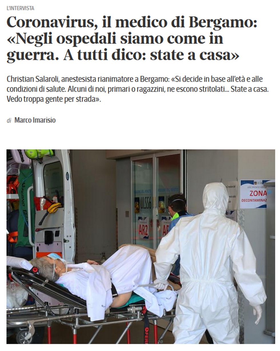 Corriere Della Sera: Coronavirus, il medico di Bergamo: <>
