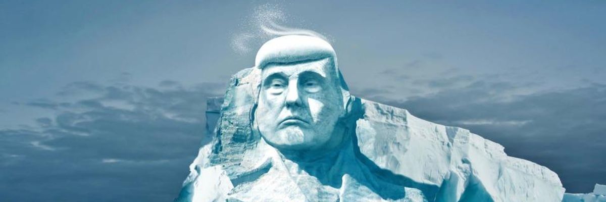 Creating a Mount Rushmore-like monument on a large piece of melting ice, argues the group, is a great way to "demonstrate that climate change is happening" while also putting the onus on one of the most powerful people in the world who refuses to act
