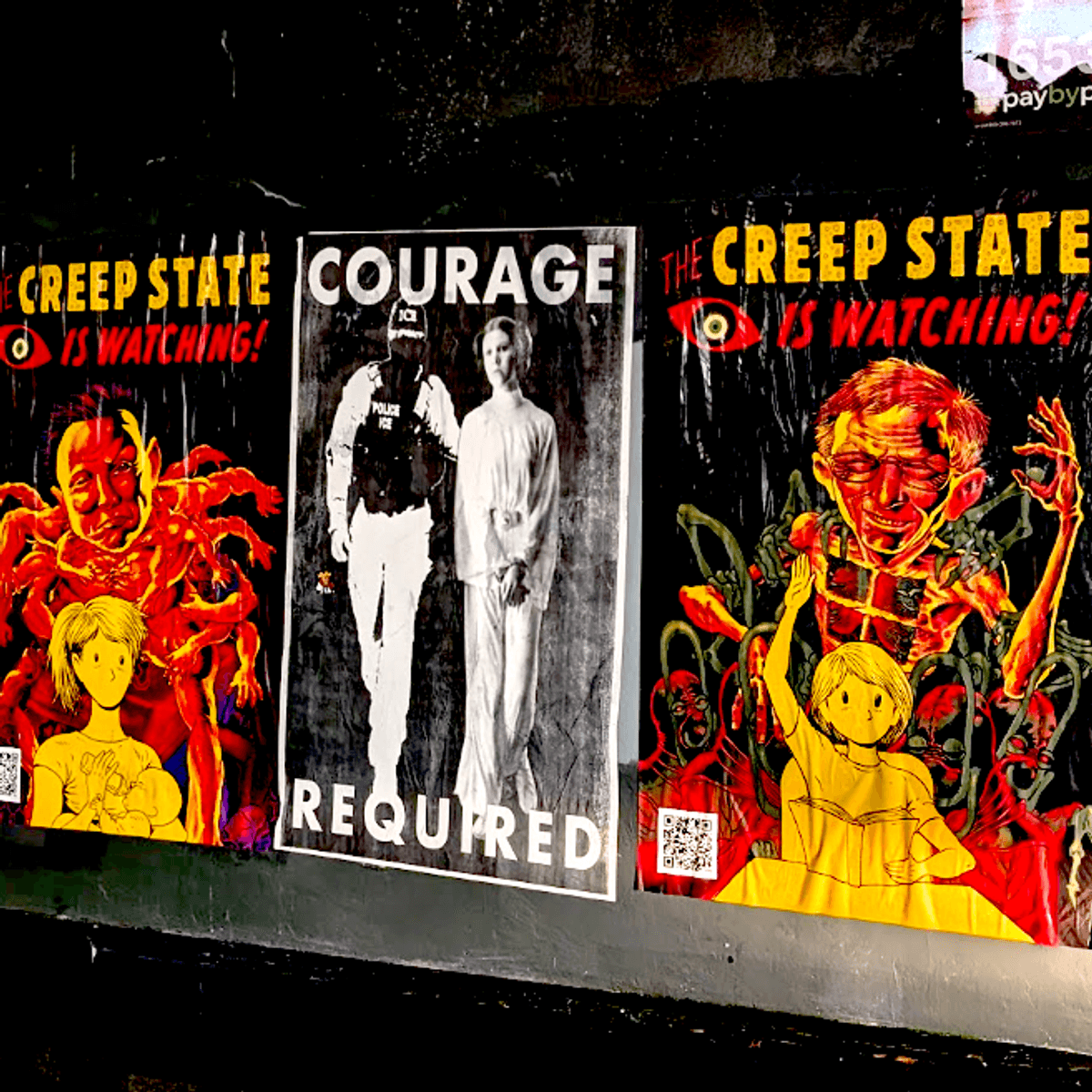 Creep State posters of Musk and Gates.