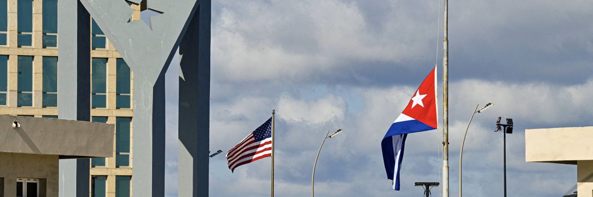 Cuban flag at half mast outside US Embassy in Havana