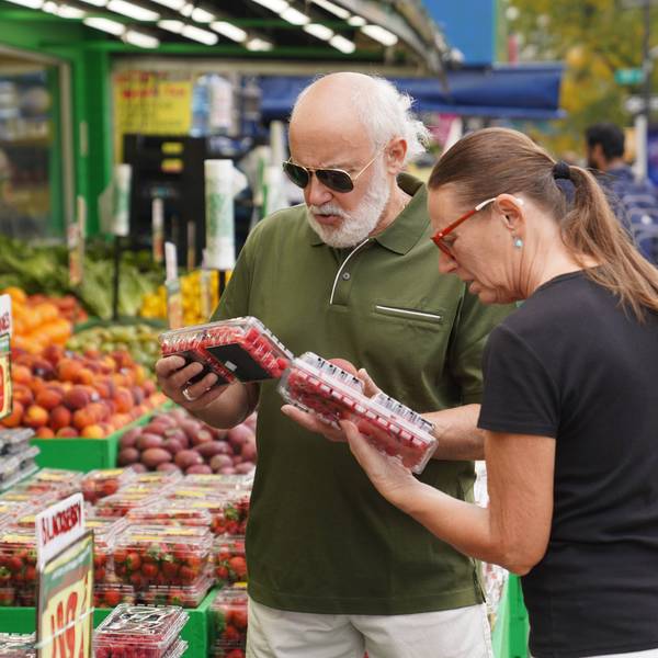 Customers check fruit at a grocery store in New York City on October 14, 2026.