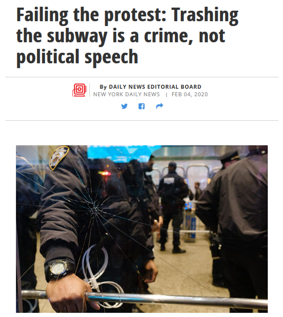 Daily News: Failing the protest: Trashing the subway is a crime, not political speech