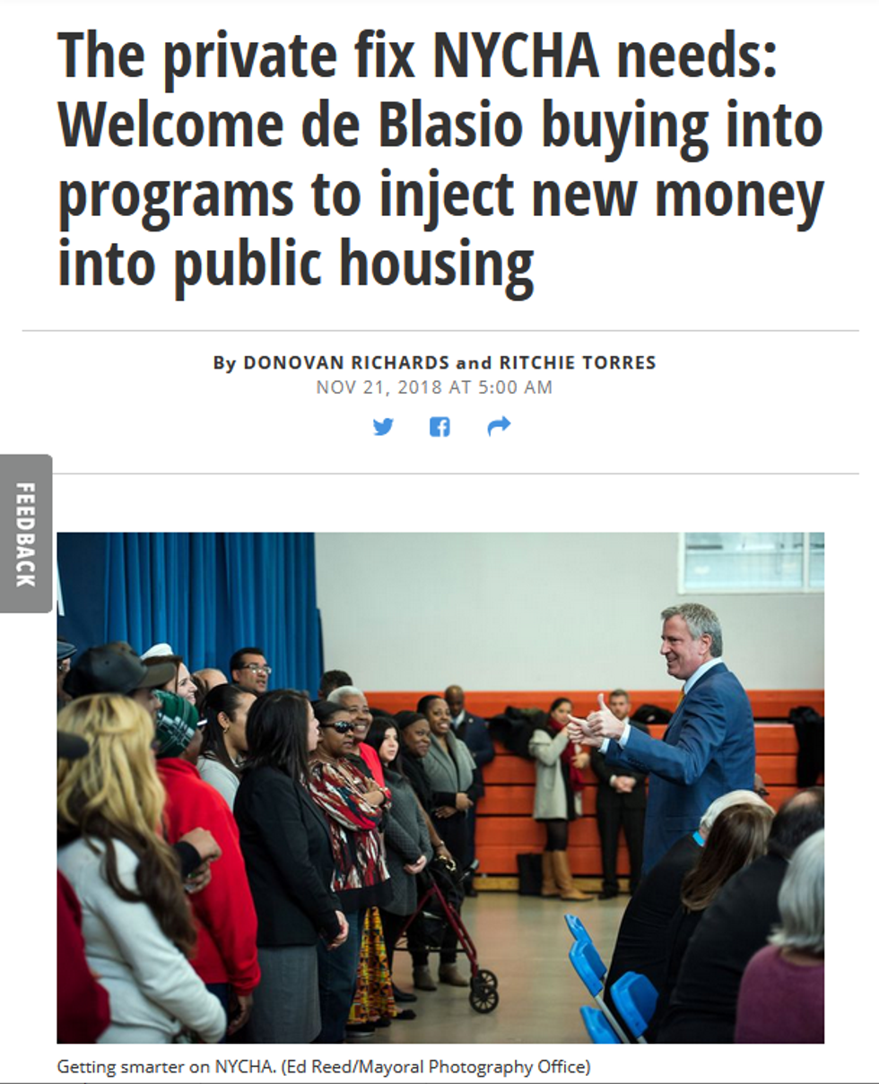 Daily News: The private fix NYCHA needs: Welcome de Blasio buying into programs to inject new money into public housing