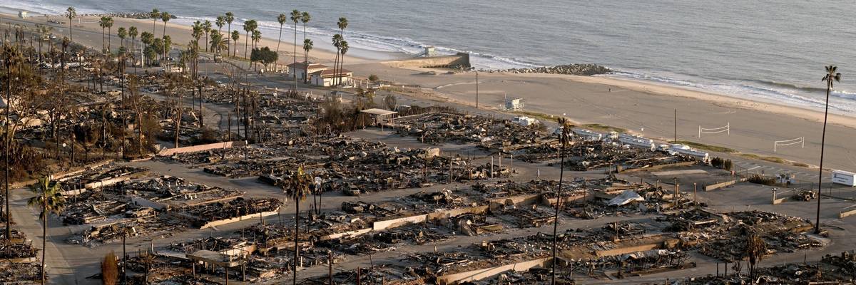 Damaged structures and homes are seen after the Palisades fire in the Pacific Palisades neighborhood