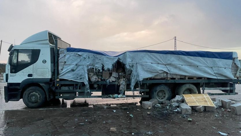 Damaged UNRWA aid truck