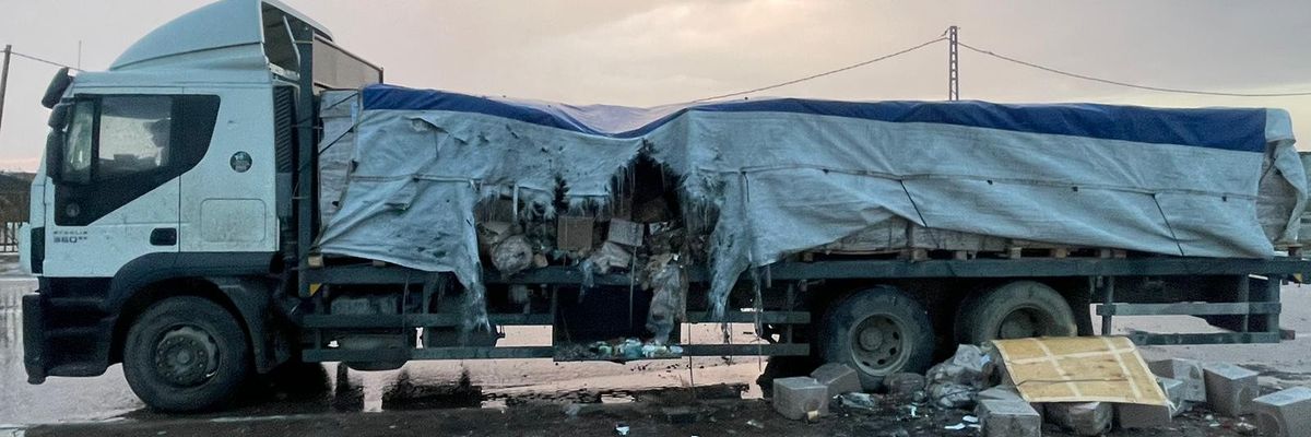Damaged UNRWA aid truck