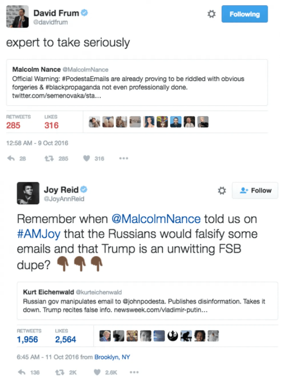 David Frum and Joy Reid tweets on Clinton campaign emails in 2016
