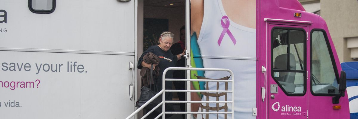 Dawn Dyson leaves a mammography mobile screening bus where free exams were performed in Anaheim, California on October 17, 2016.