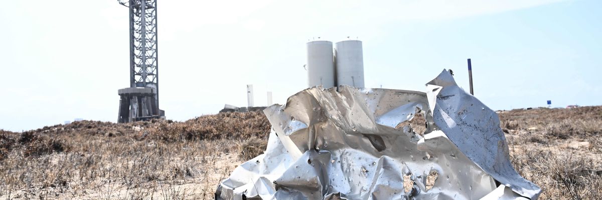 Debris litters the ground on April 22, 2023, two days after the SpaceX Starship exploded in Boca Chica, Texas.
