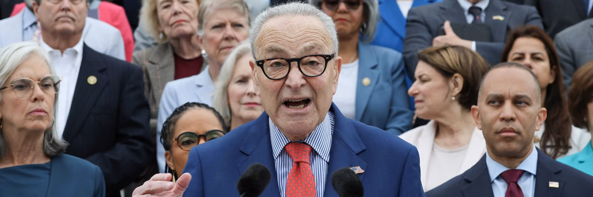 Democratic Leaders Rep. Hakeem Jeffries And Sen. Chuck Schumer Holds News Conference On Senate Steps