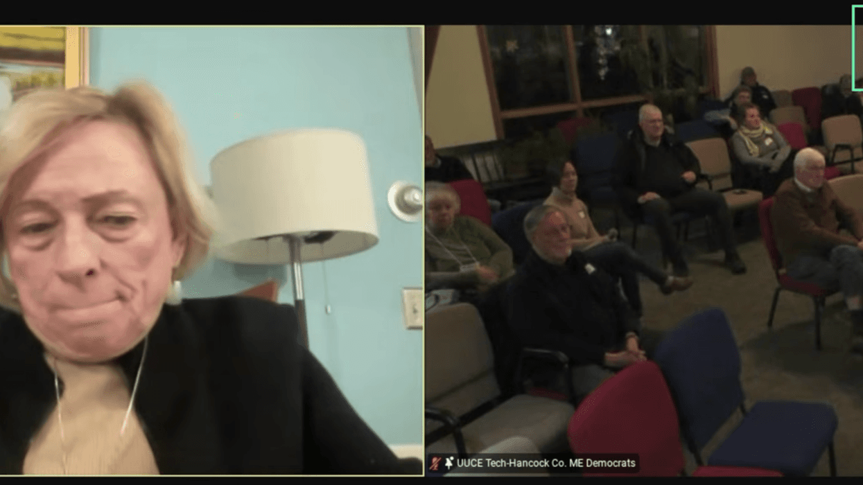 Democratic Maine Gov. Janet Mills addresses a meeting of the Hancock County Democrats