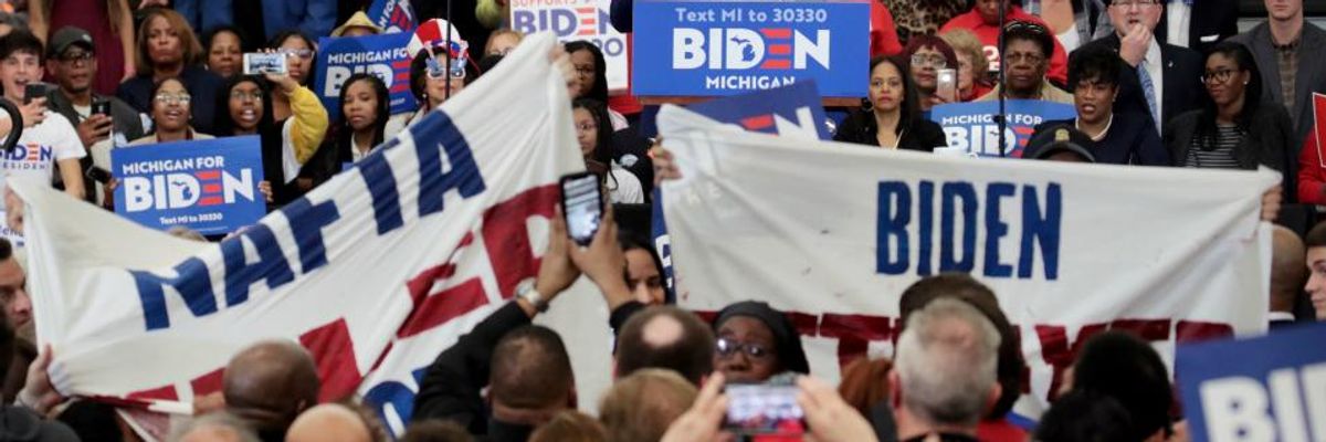 Biden Says 'The Bernie Bros Are Here' as Protesters Disrupt Detroit Rally to Denounce NAFTA, Champion Green New Deal