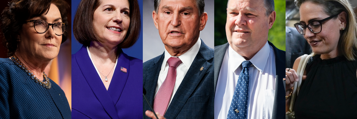 Democratic Sens. Jacky Rosen (D-Nev.), Catherine Cortez Masto (Nev.), Joe Manchin (W.Va.),  and Jon Tester (Mont.) along with now-Indepedent Sen. Kyrsten Sinema (Ariz.)​, voted with Senate Republicans to gut water protections on March 29, 2023.