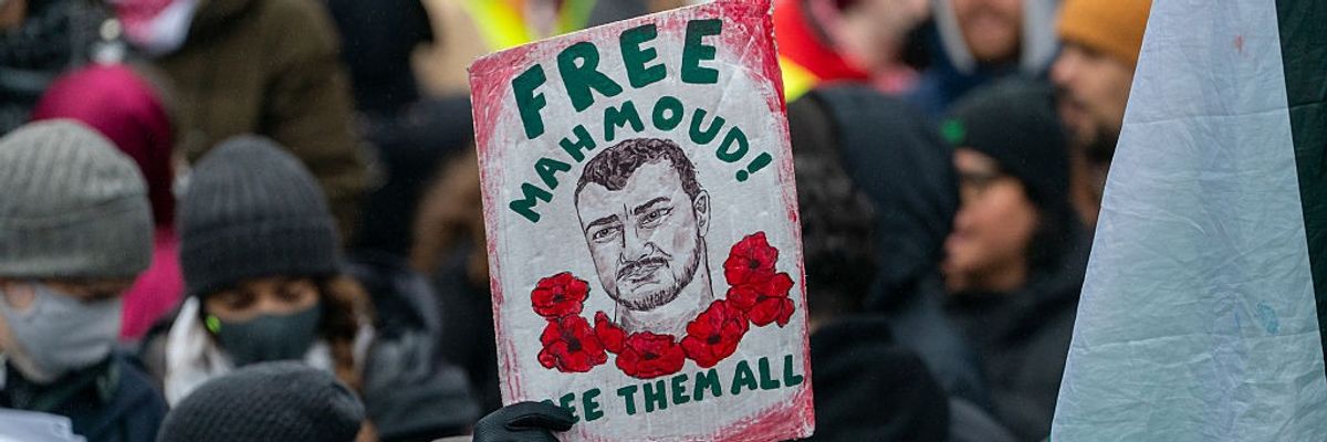 Demonstration Held In Times Square In Support Of Detained Columbia University Graduate Student Mahmoud Khalil