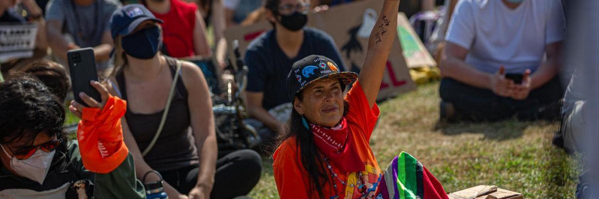 Demonstrators attend a rally protesting the Line 3 pipeline