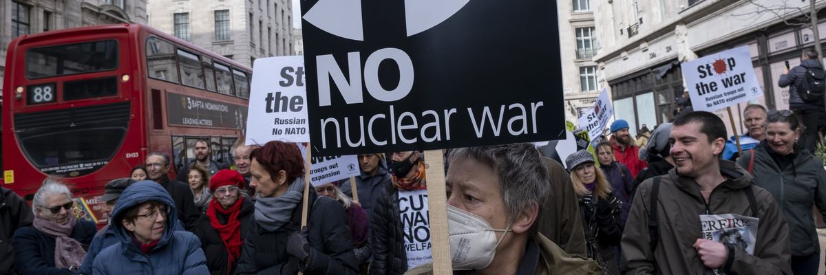Demonstrators attend an anti-war protest in London