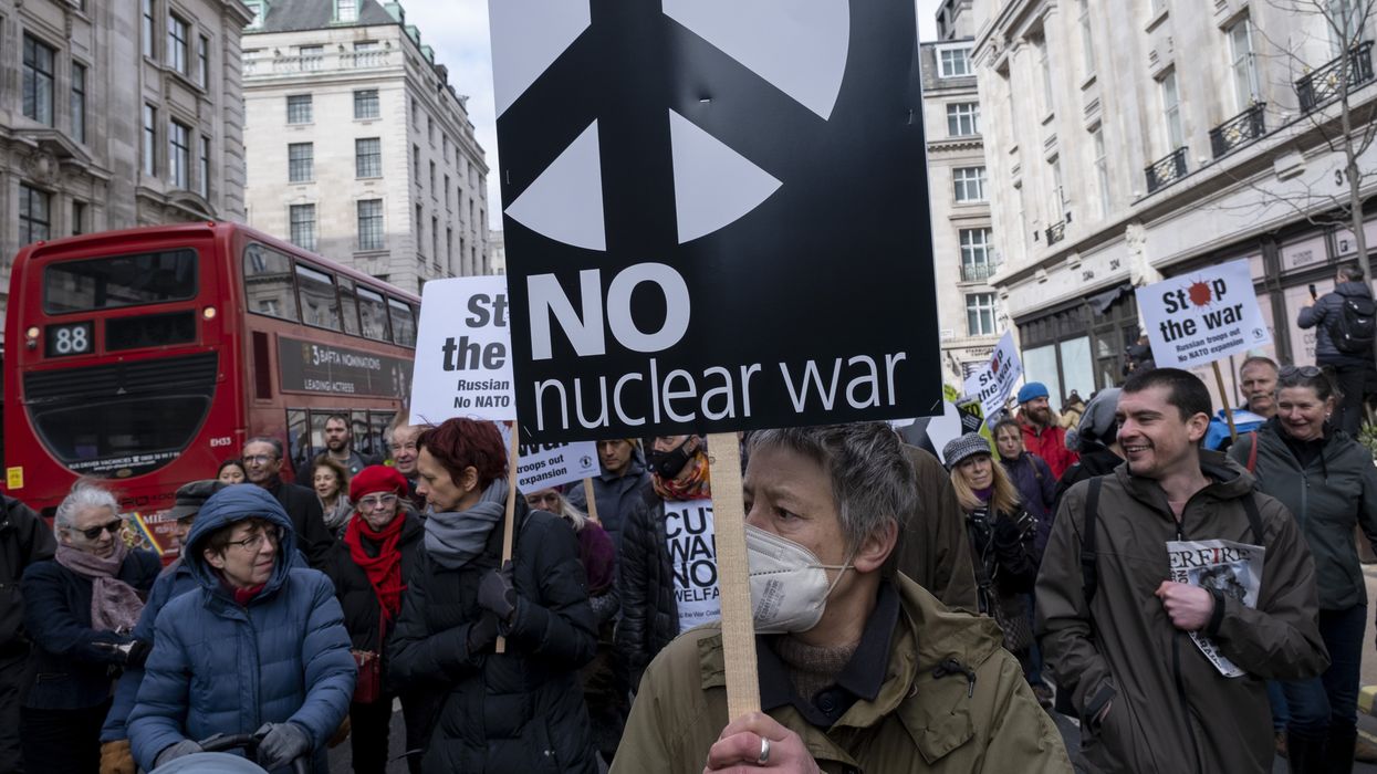 Demonstrators attend an anti-war protest in London