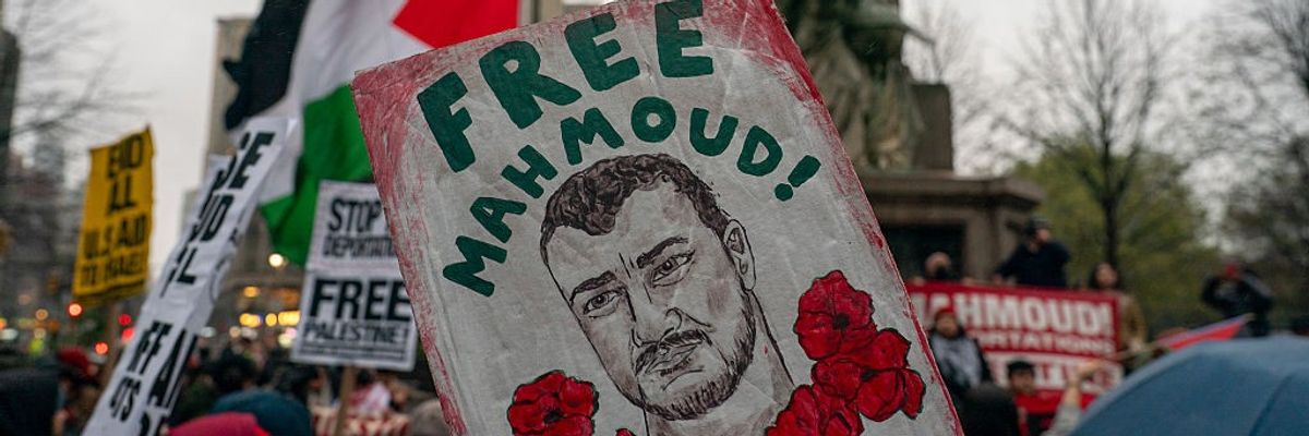 Demonstrators gather in Columbus Circle to demand the release of Mahmoud Khalil