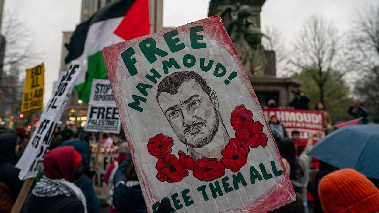 Demonstrators gather in Columbus Circle to demand the release of Mahmoud Khalil