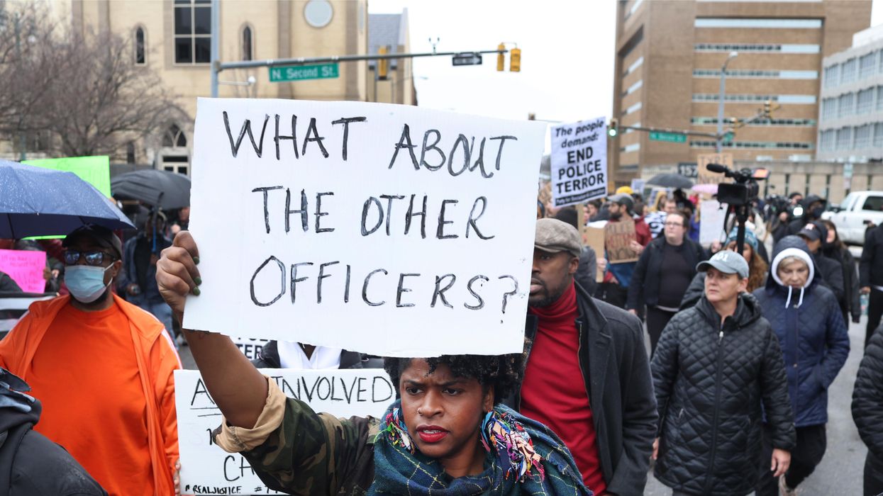 Demonstrators march through downtown protesting the death of Tyre Nichols on January 28, 2023 in Memphis, Tennessee.