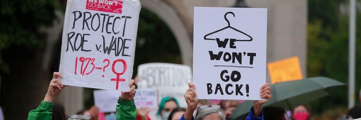 Demonstrators opposed to Texas' abortion ban rally in Bloomington, Indiana on October 2, 2021 as part of a wave of national protests.