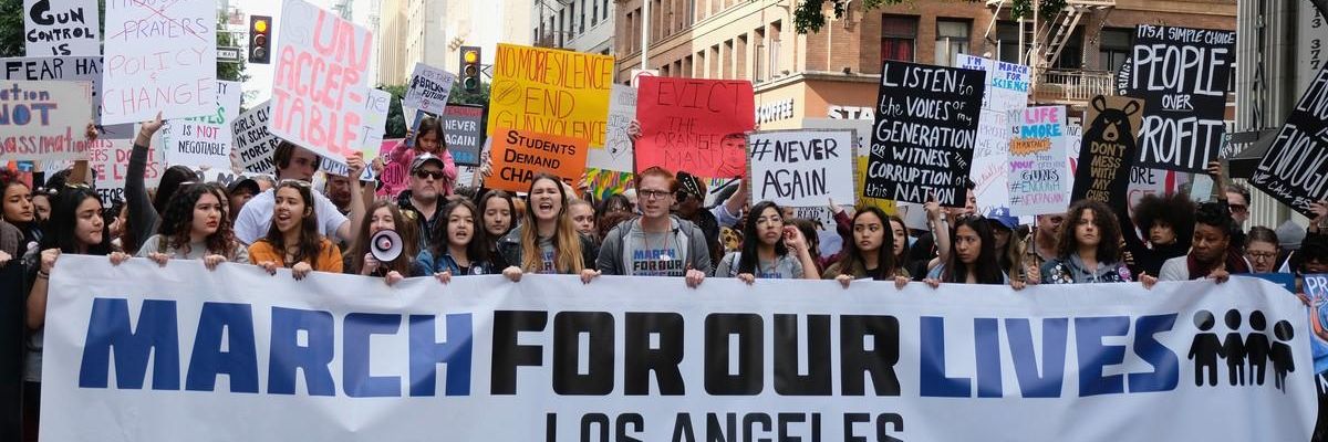 Demonstrators participate in the March for Our Lives Los Angeles rally on March 24, 2018.