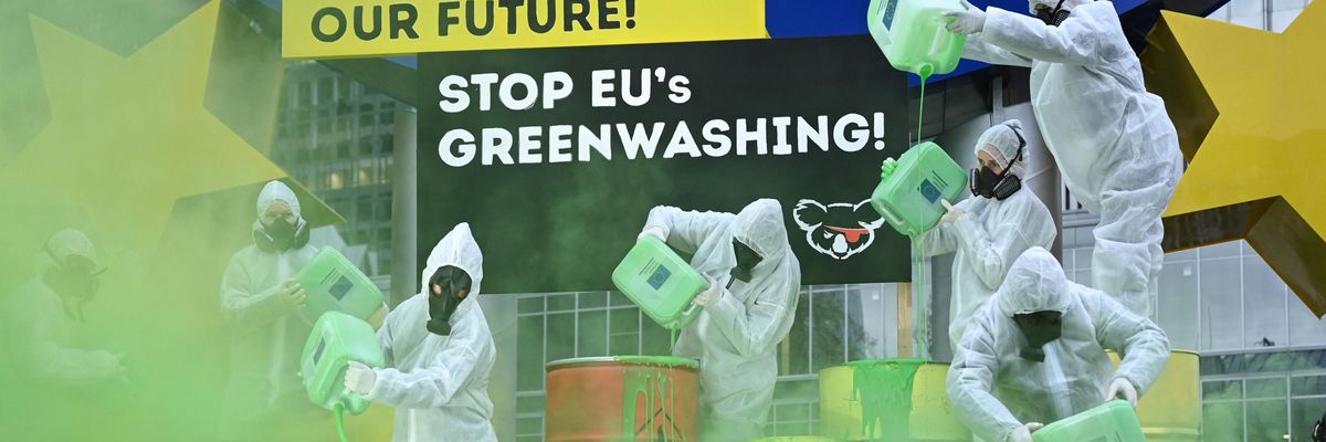Demonstrators protest against E.U. greenwashing