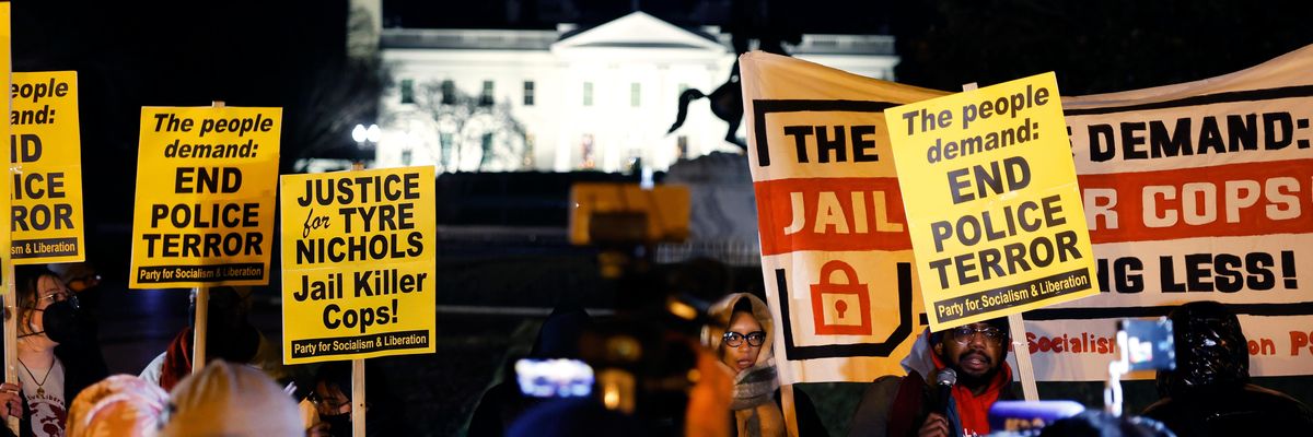 Demonstrators protest against the police killing of Tyre Nichols near the White House in Washington, D.C. on January 27, 2023.