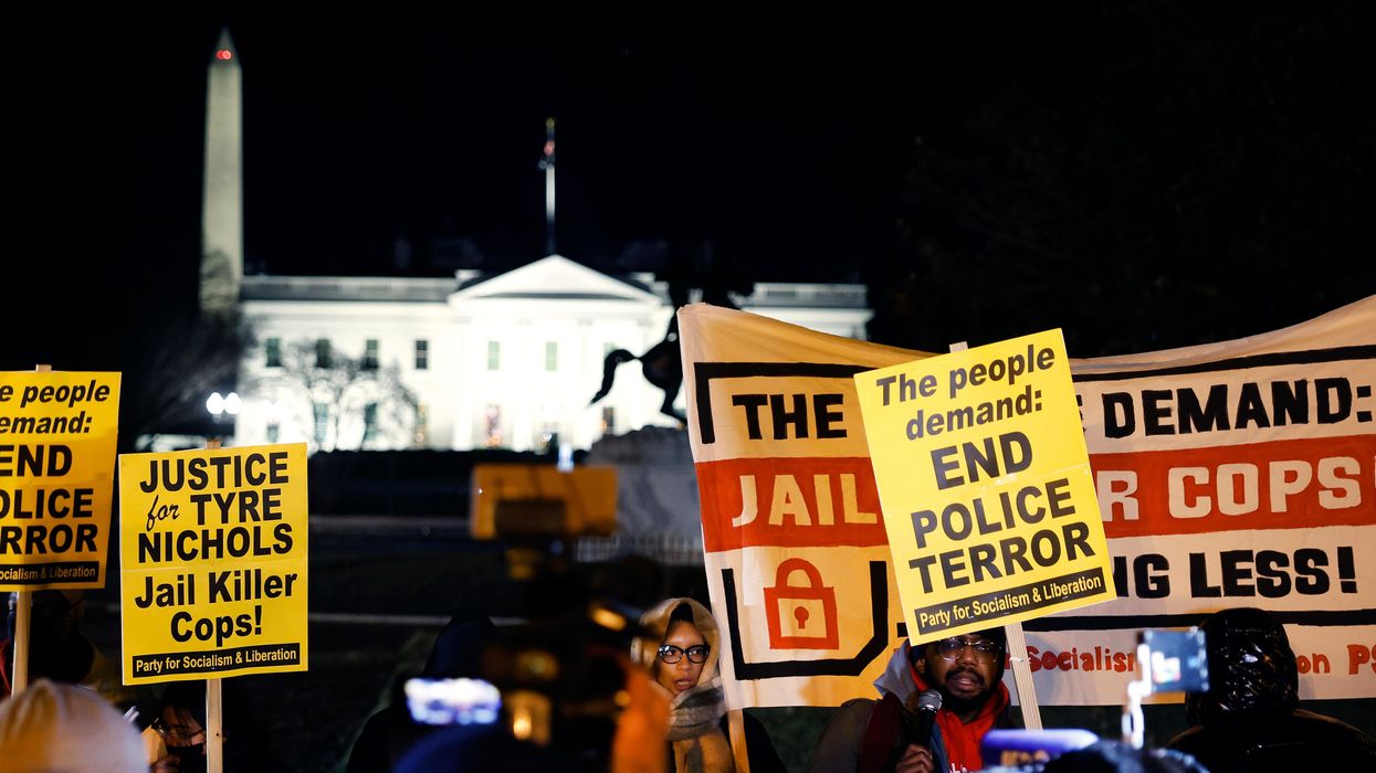 Demonstrators protest against the police killing of Tyre Nichols near the White House in Washington, D.C. on January 27, 2023.