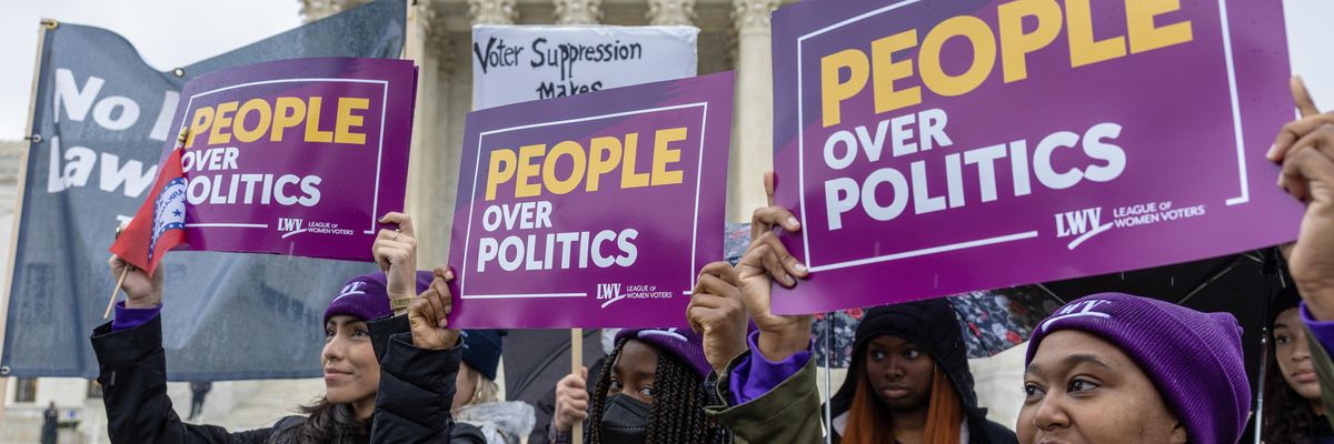 Demonstrators protest during a "No Lawless Lawmakers" rally at the U.S. Supreme Court during oral arguments in Moore v. Harper on December 7, 2022 in Washington, D.C.