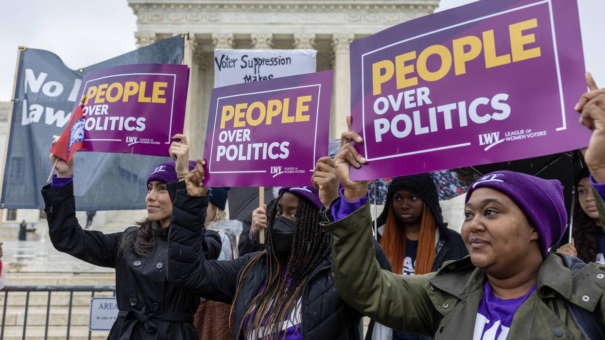 Demonstrators protest during a "No Lawless Lawmakers" rally at the U.S. Supreme Court during oral arguments in Moore v. Harper on December 7, 2022 in Washington, D.C.