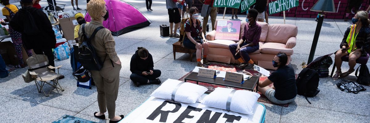 Demonstrators protest outside an eviction court in Chicago