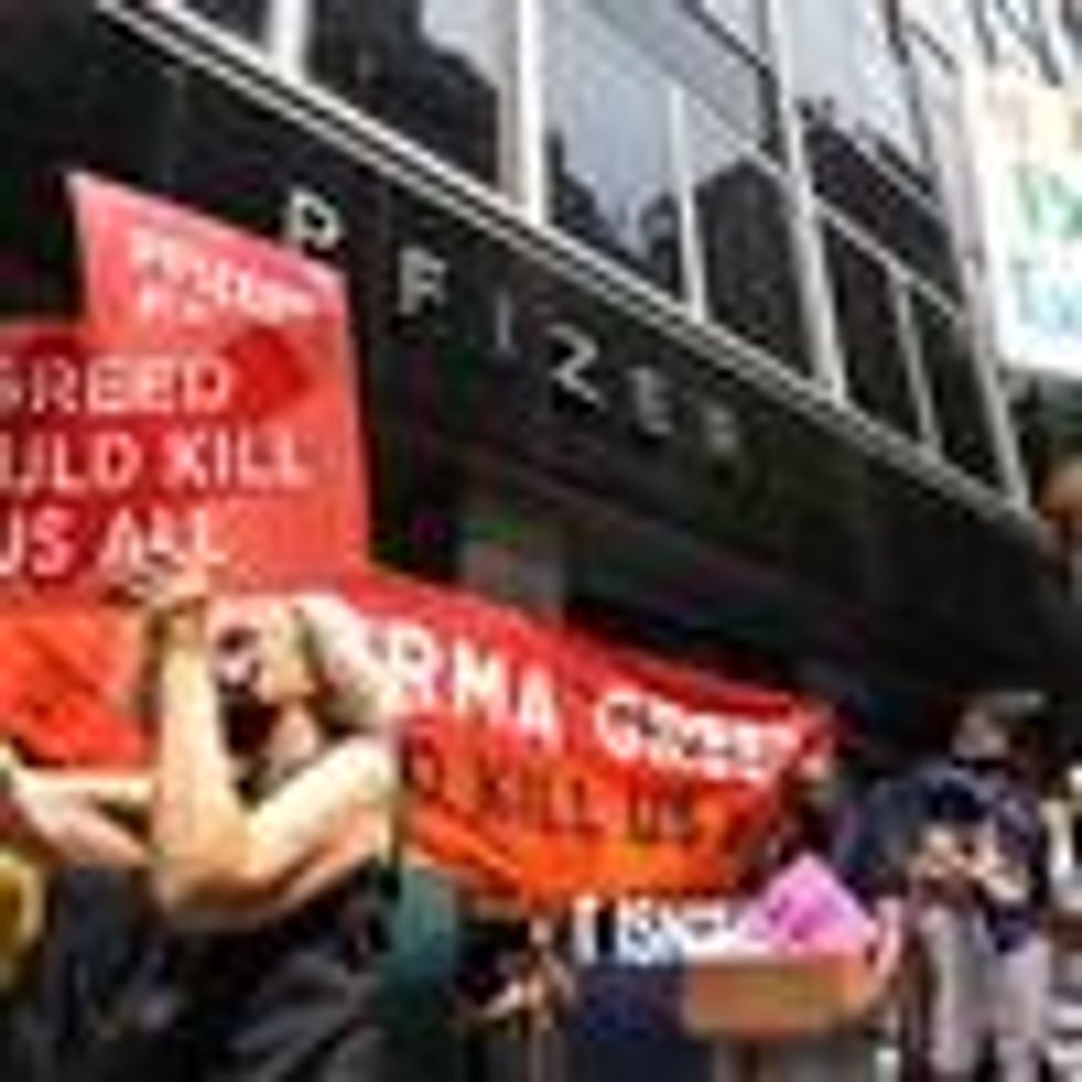 Demonstrators protest outside Pfizer's headquarters in Manhattan.