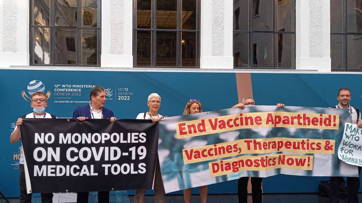 Demonstrators protest outside WTO headquarters