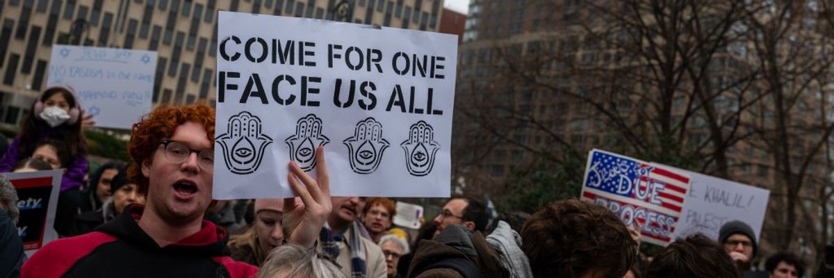 Demonstrators protest the arrest of Palestinian activist Mahmoud Khalil