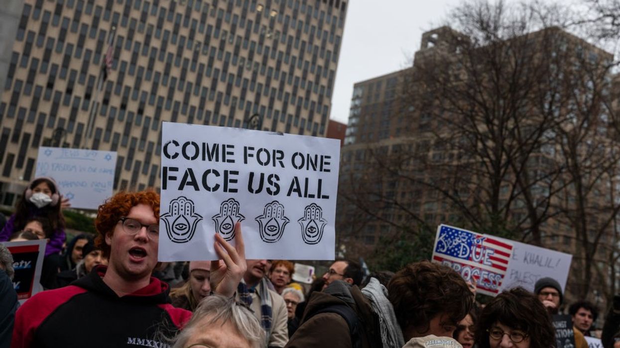 Demonstrators protest the arrest of Palestinian activist Mahmoud Khalil