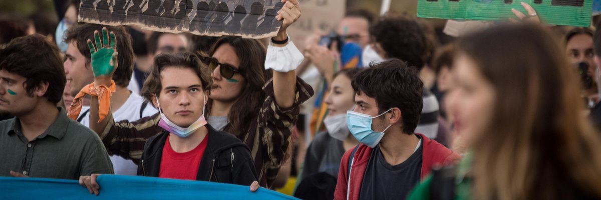 Demonstrators protest the G20 summit in Rome.