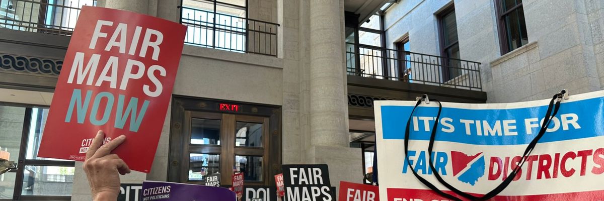 Demonstrators rally against gerrymandering in the Ohio state capitol