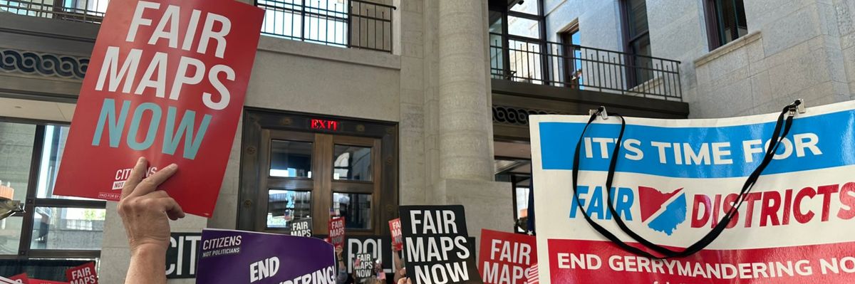 Demonstrators rally against gerrymandering in the Ohio state capitol