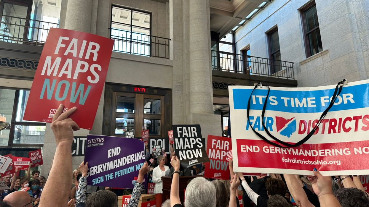 Demonstrators rally against gerrymandering in the Ohio state capitol