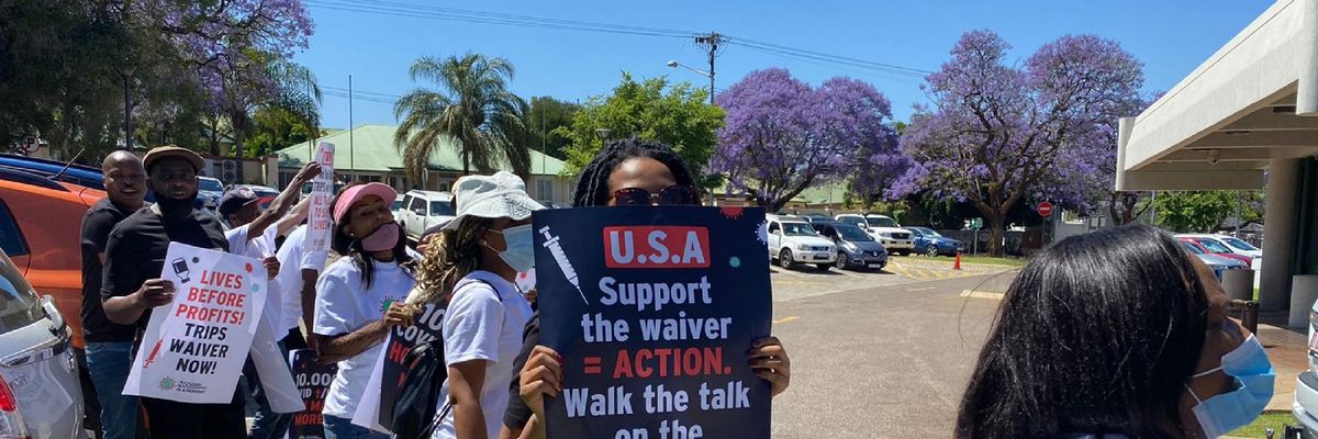 Demonstrators rally at the U.S. Embassy in South Africa