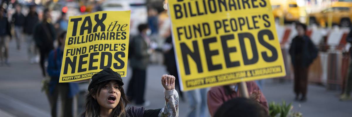 Demonstrators take part in a "Make The Billionaires Pay" protest in New York City