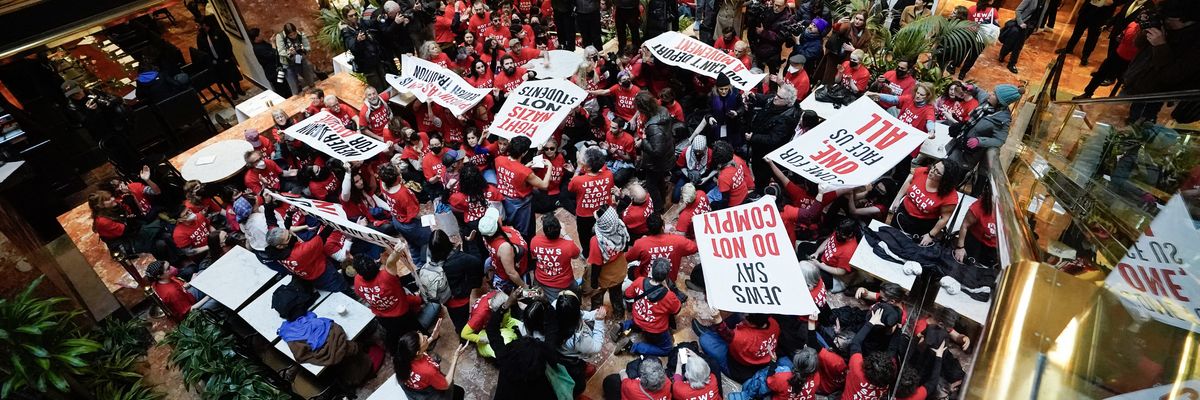 Demostrators from the human rights organization Jewish Voice for Peace hold a civil disobedience action