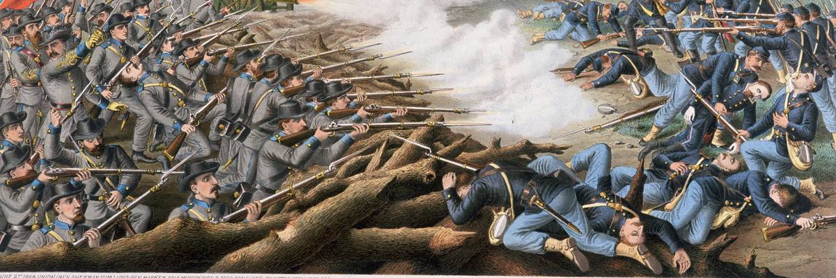 Depiction of U.S. Civil War battle at Kennesaw Mountain, Georgia that took place in June of 1864.