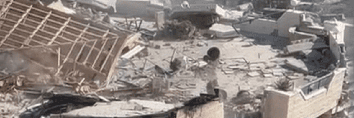 Destroyed Belgian office building in Gaza